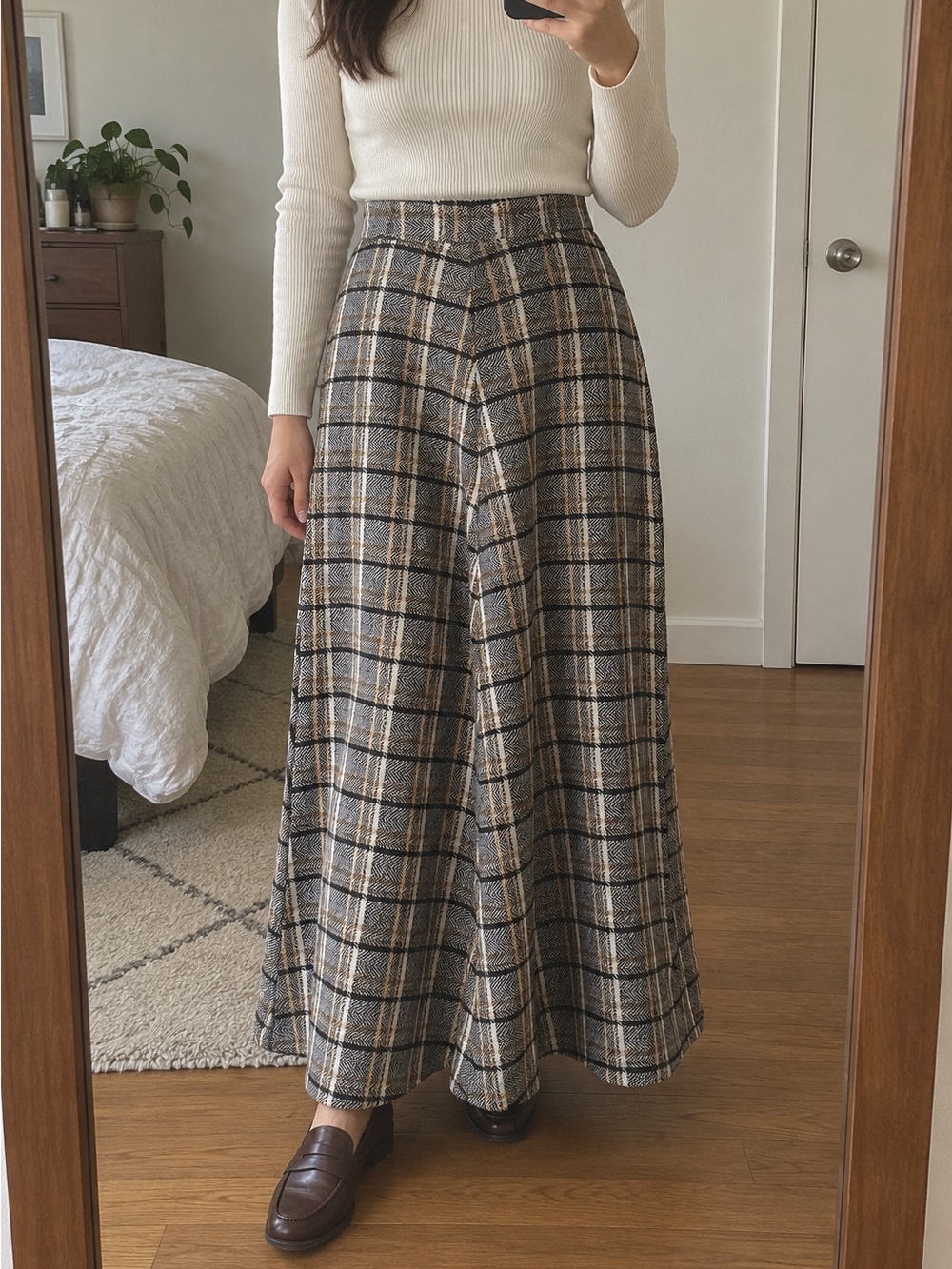 Vintage Plaid Maxi Skirt XS High Waist Dark Academia Herringbone